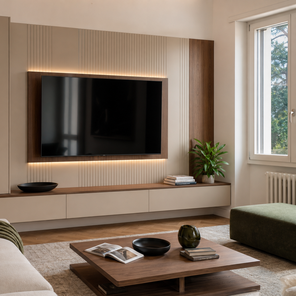 Parete TV con mobile sospeso Noce Canapa 3