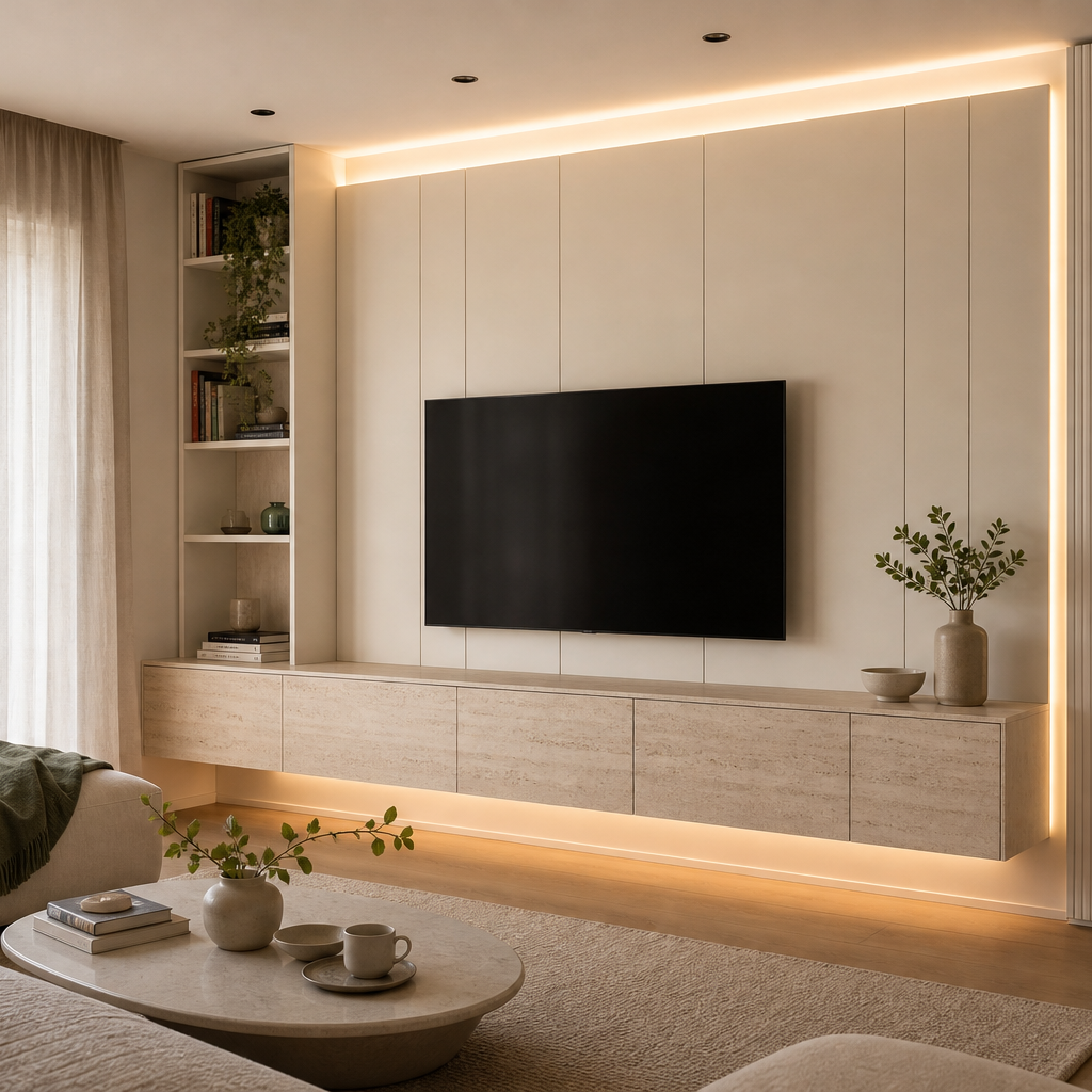 Parete TV con mobile sospeso Travertino Chiaro 1