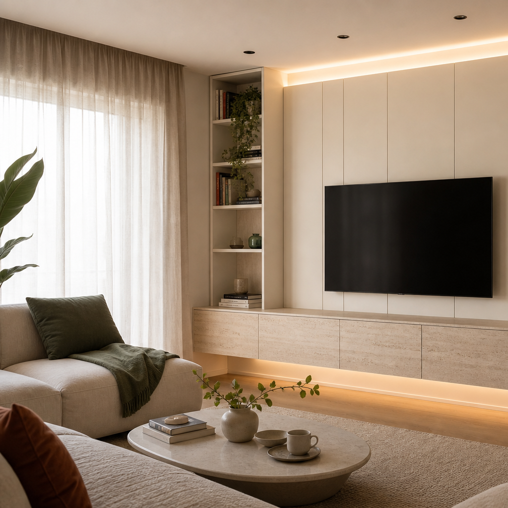 Parete TV con mobile sospeso Travertino Chiaro 2