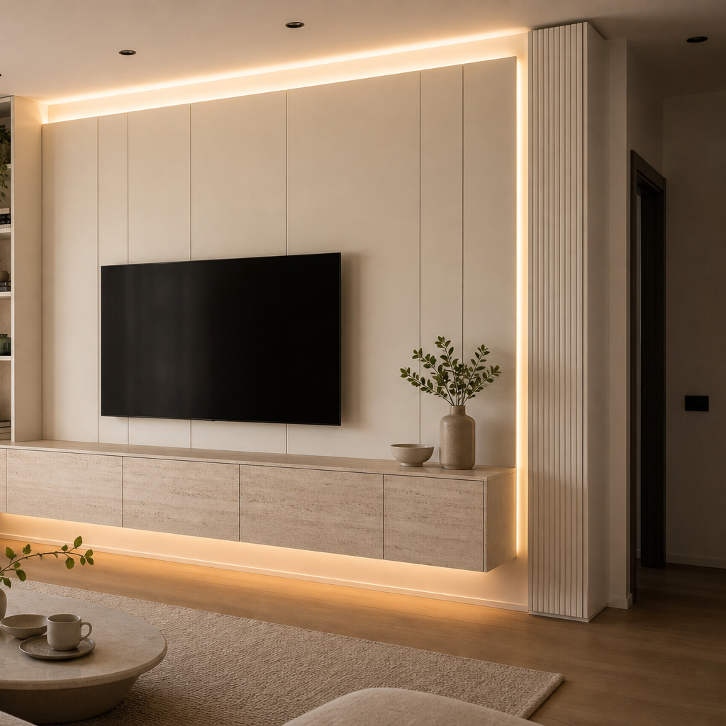 Parete TV con mobile sospeso Travertino Chiaro 3