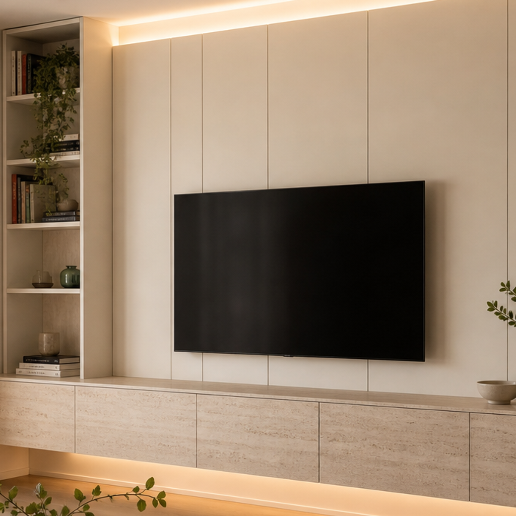 Parete TV con mobile sospeso Travertino Chiaro 4