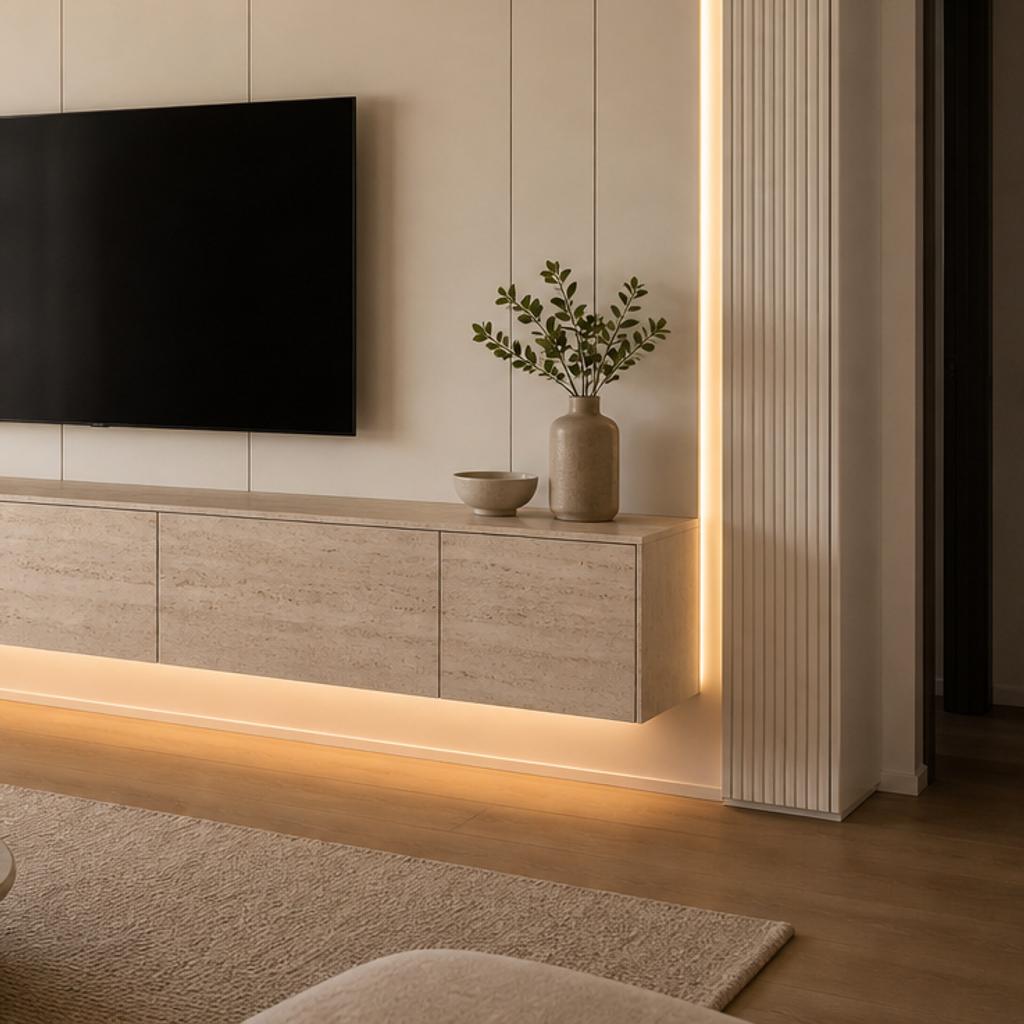 Parete TV con mobile sospeso Travertino Chiaro 5