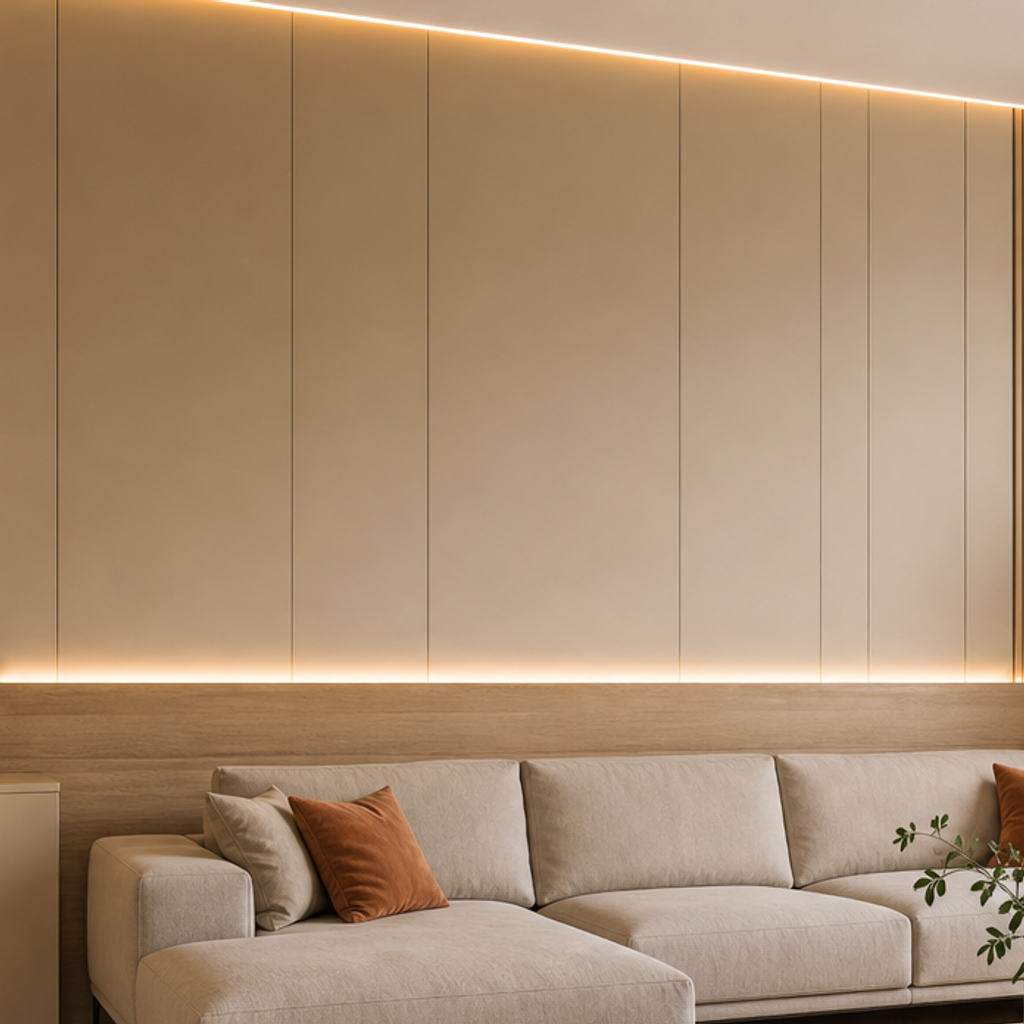 Parete dietro divano con boiserie Rovere Sabbia 4