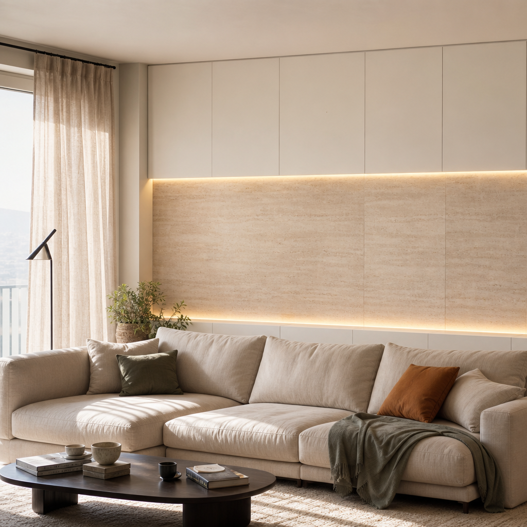 Parete dietro divano con boiserie Travertino Chiaro 2