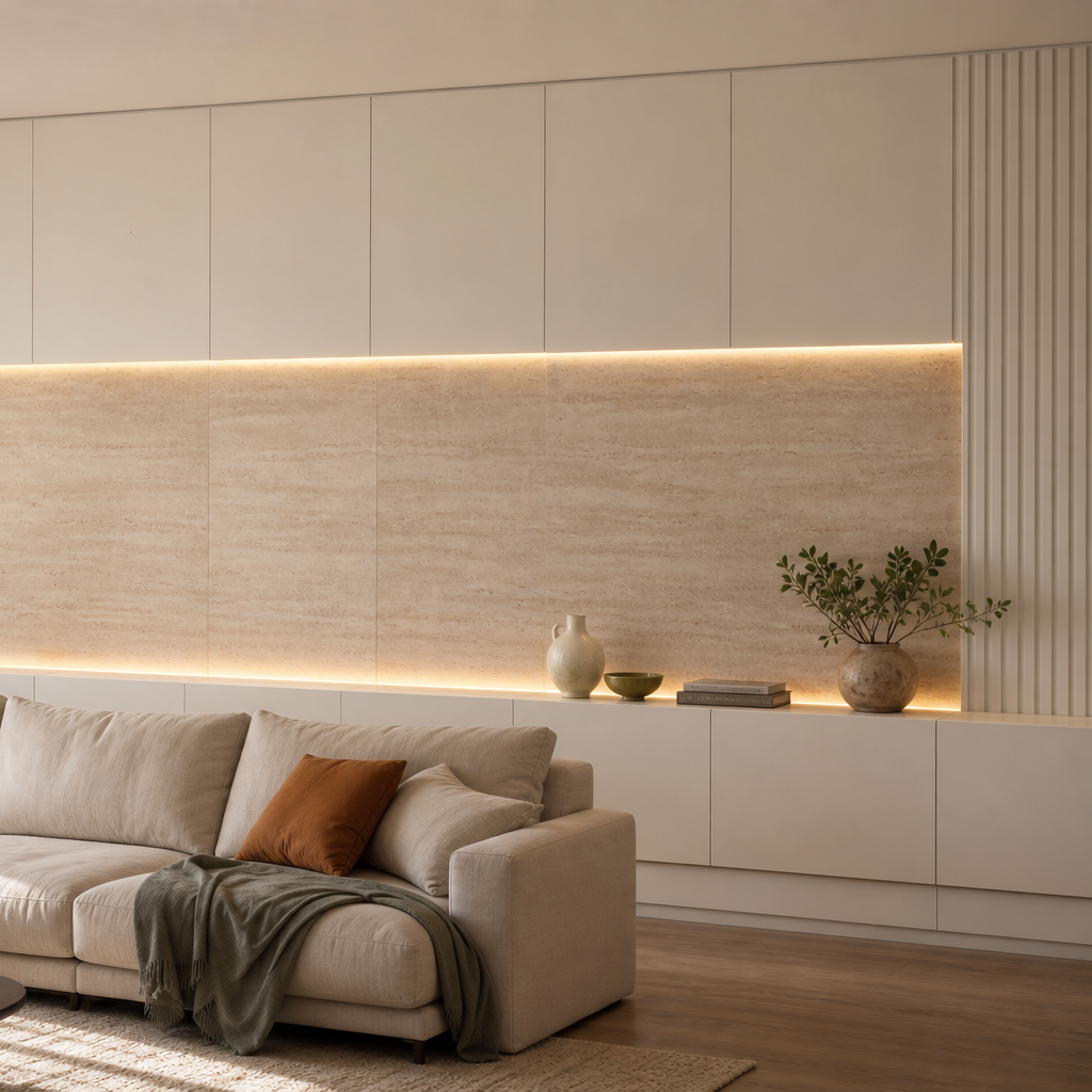 Parete dietro divano con boiserie Travertino Chiaro 3
