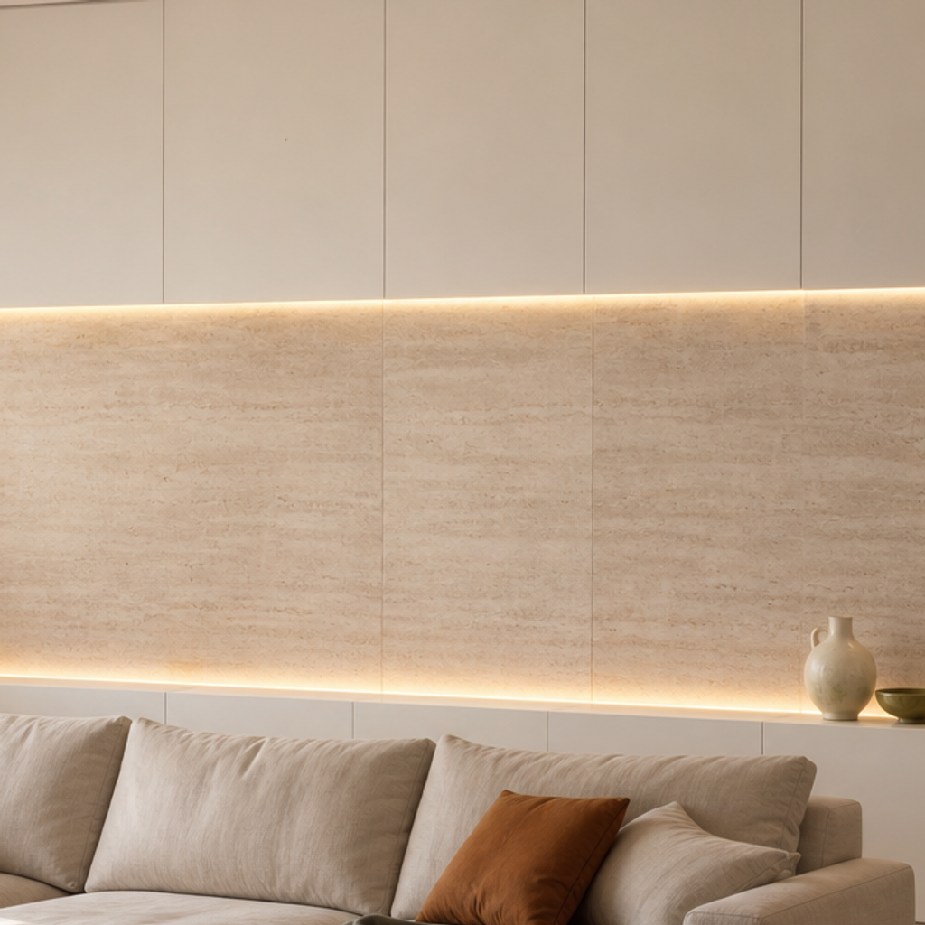Parete dietro divano con boiserie Travertino Chiaro 4