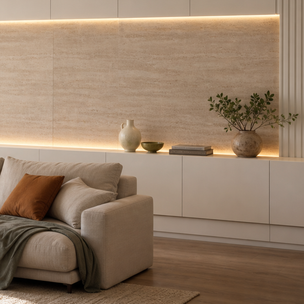 Parete dietro divano con boiserie Travertino Chiaro 5
