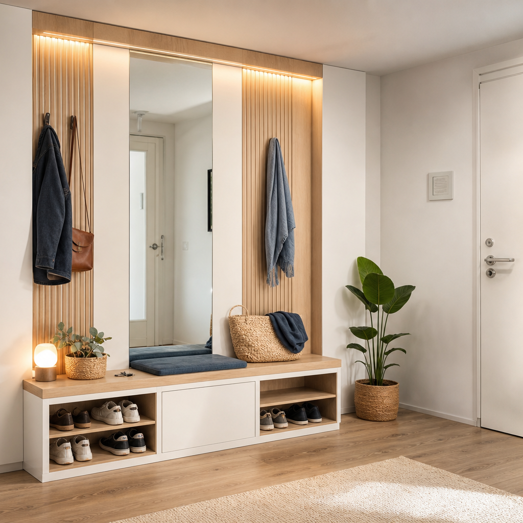 Parete ingresso con specchio Bianco Rovere 3