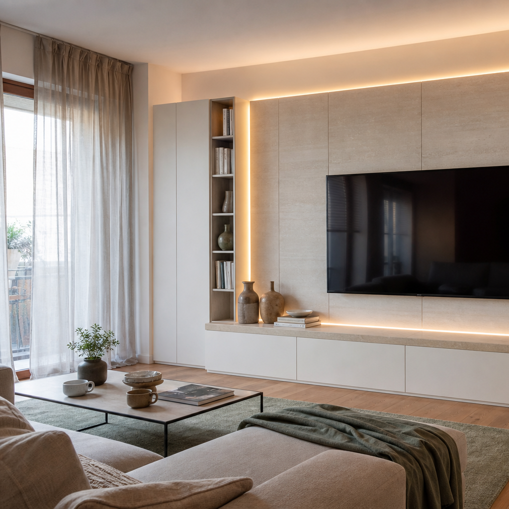 Parete TV con LED perimetrale Travertino Chiaro 2