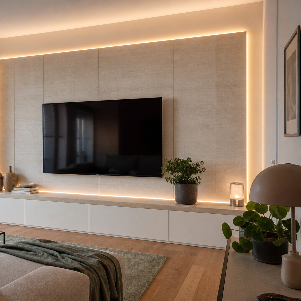 Parete TV con LED perimetrale Travertino Chiaro 3