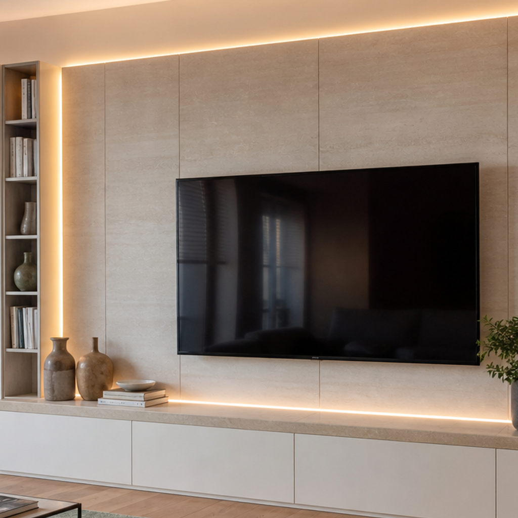 Parete TV con LED perimetrale Travertino Chiaro 4