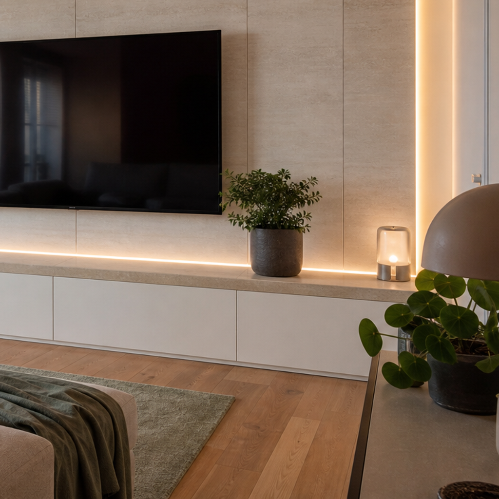 Parete TV con LED perimetrale Travertino Chiaro 5