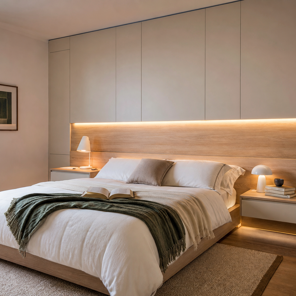 Parete testiera letto con LED Sabbia Rovere 1
