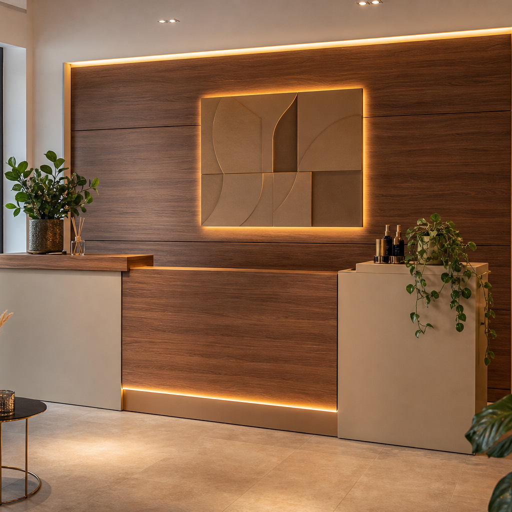 Parete reception con fondale brand Noce LED 1