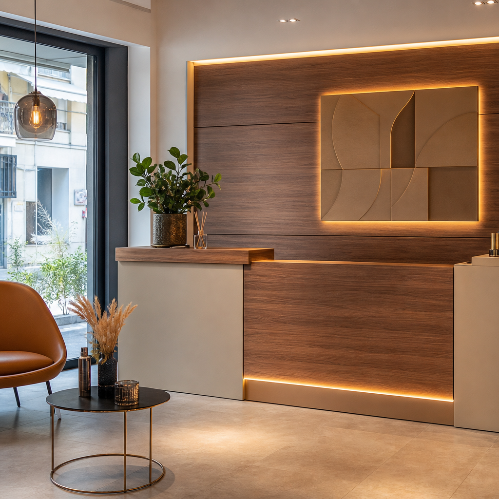 Parete reception con fondale brand Noce LED 2