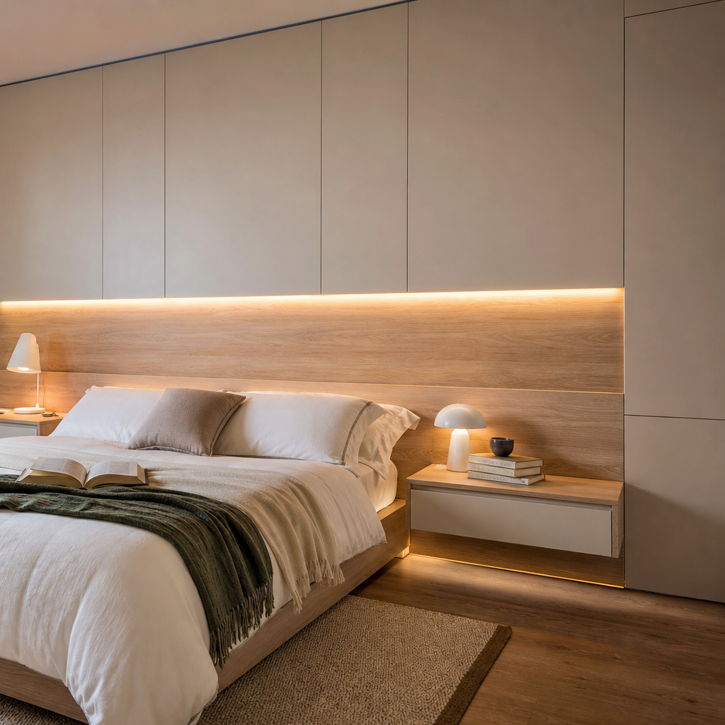 Parete testiera letto con LED Sabbia Rovere 3