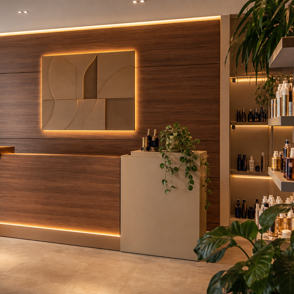 Parete reception con fondale brand Noce LED 3