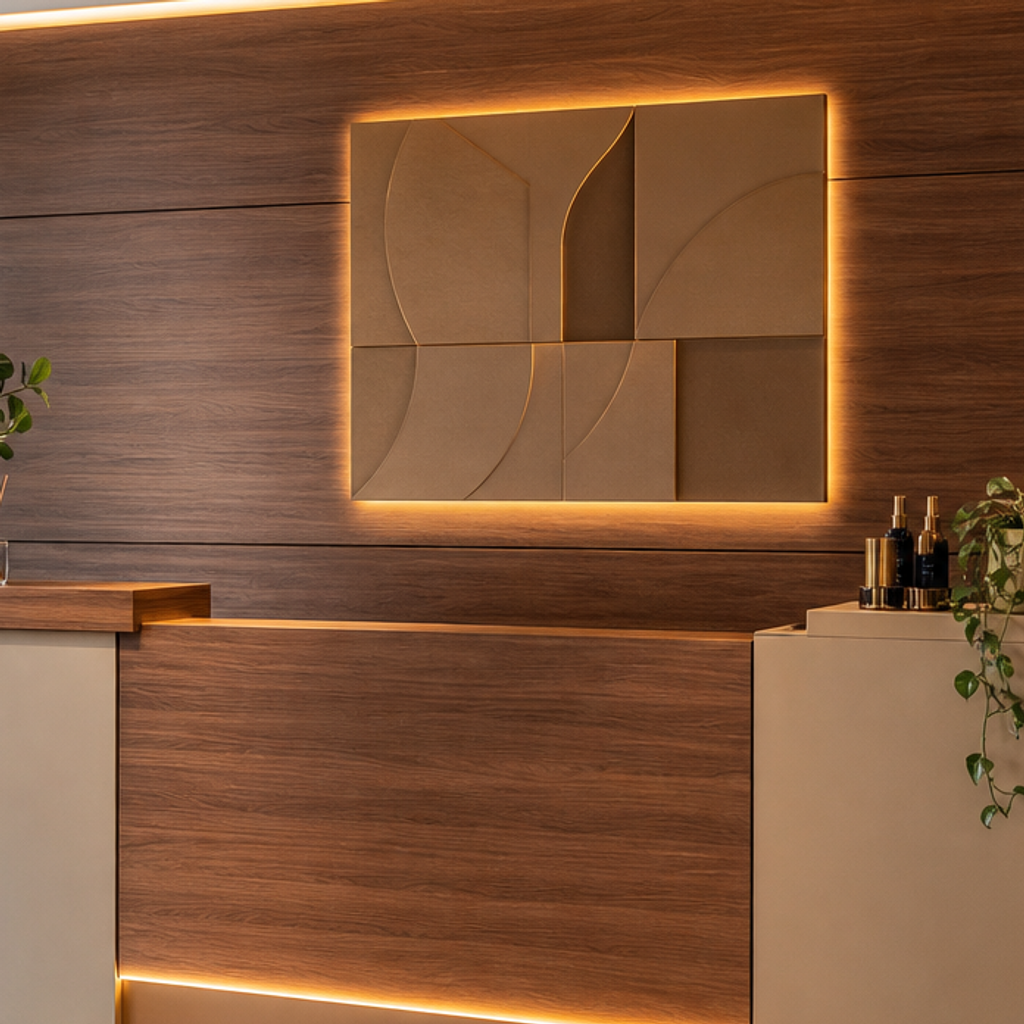 Parete reception con fondale brand Noce LED 4