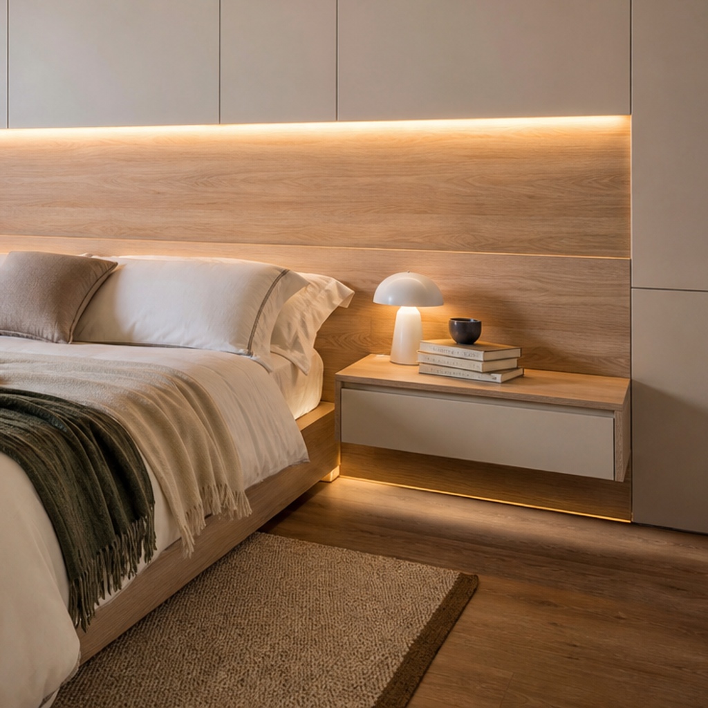 Parete testiera letto con LED Sabbia Rovere 5