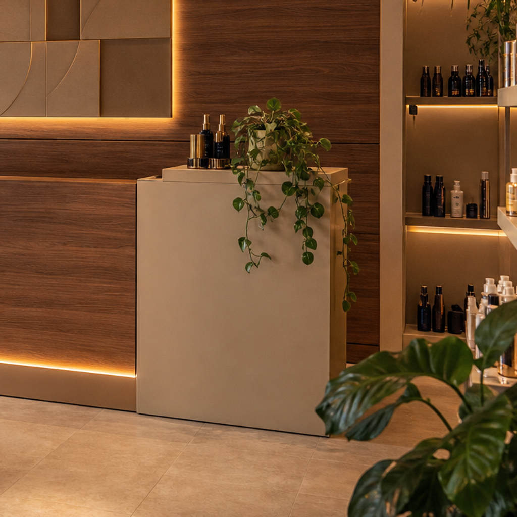 Parete reception con fondale brand Noce LED 5