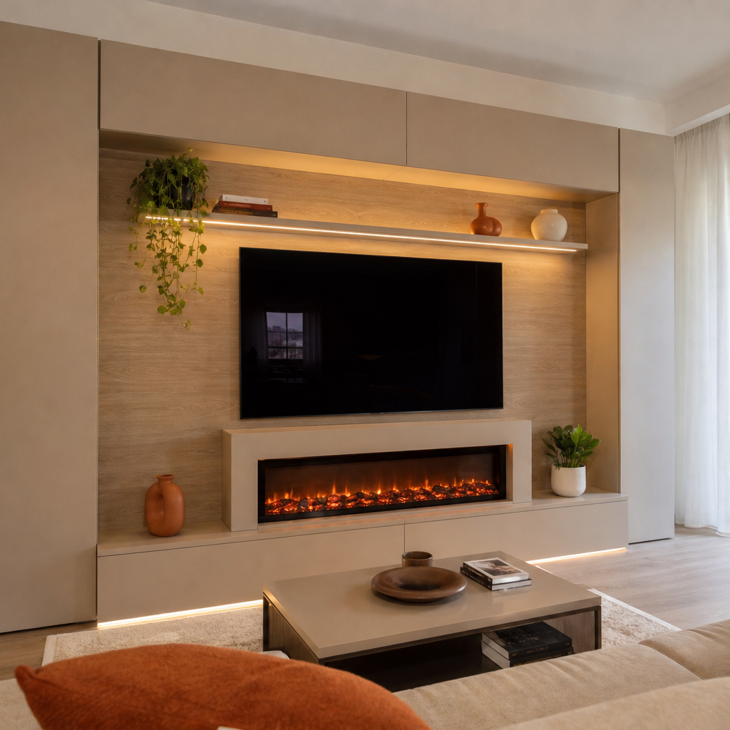 Parete TV con camino elettrico Rovere Sabbia 1