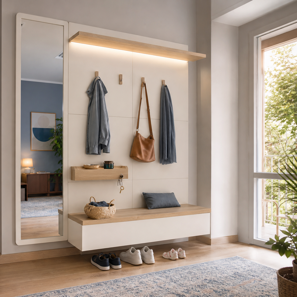 Parete ingresso con appendiabiti Bianco Rovere 3