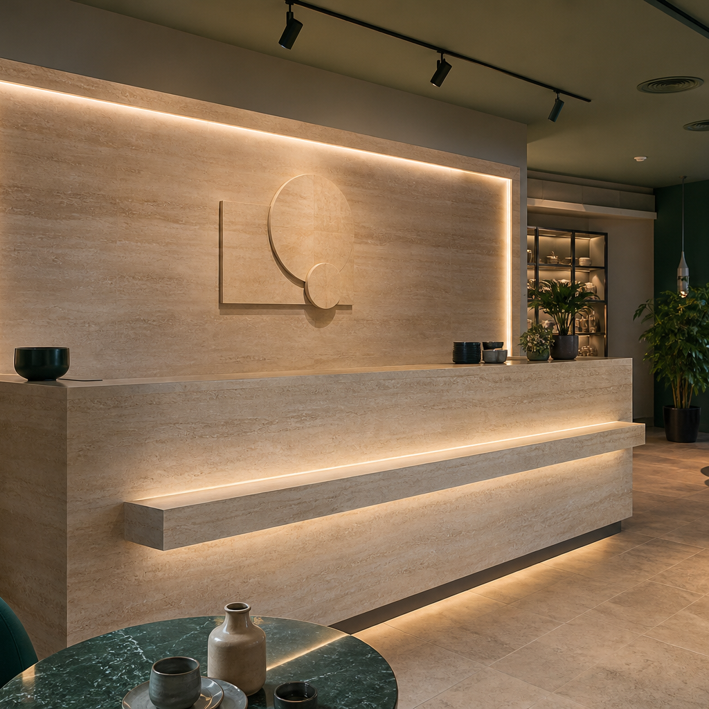 Parete reception con fondale brand Travertino HPL 1