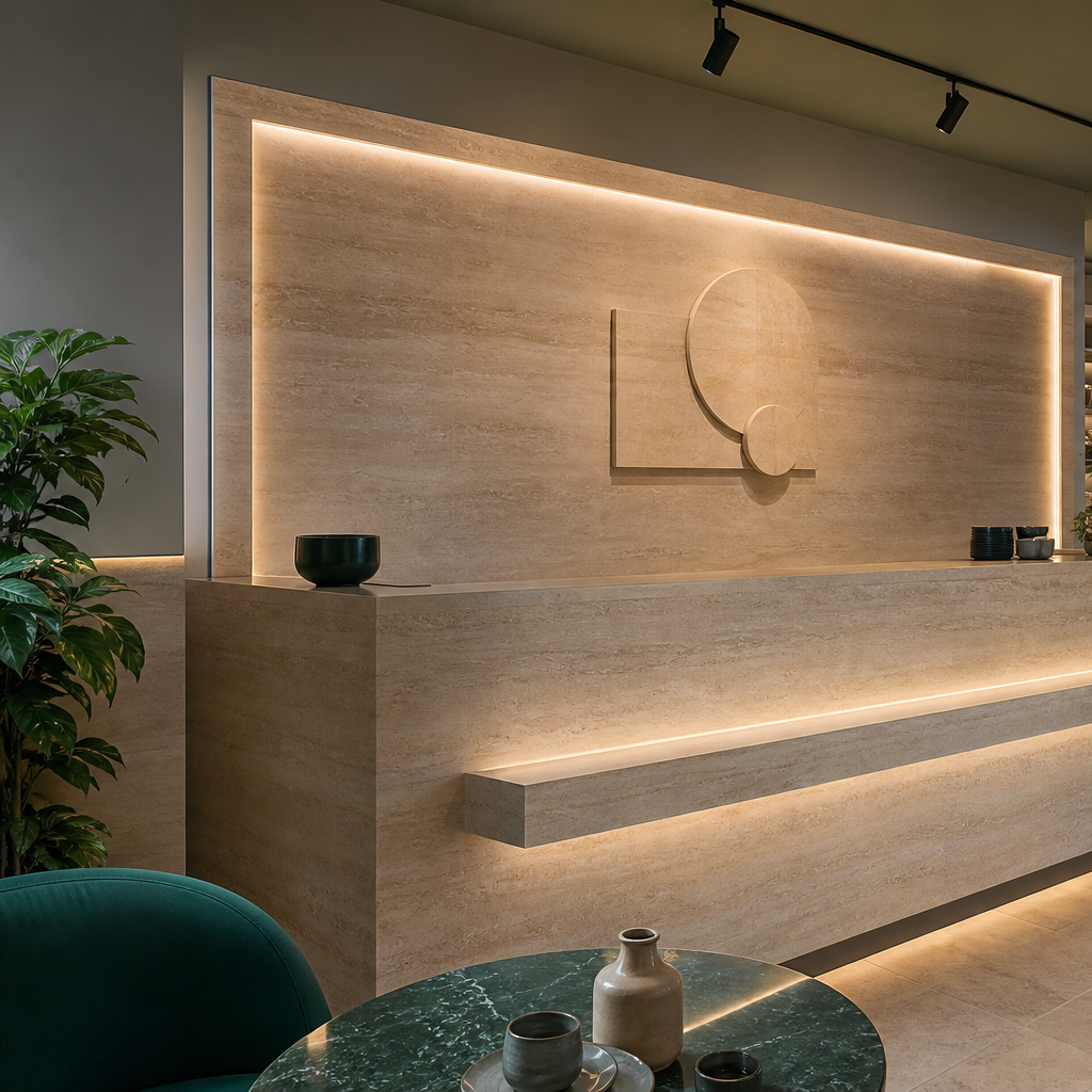 Parete reception con fondale brand Travertino HPL 2