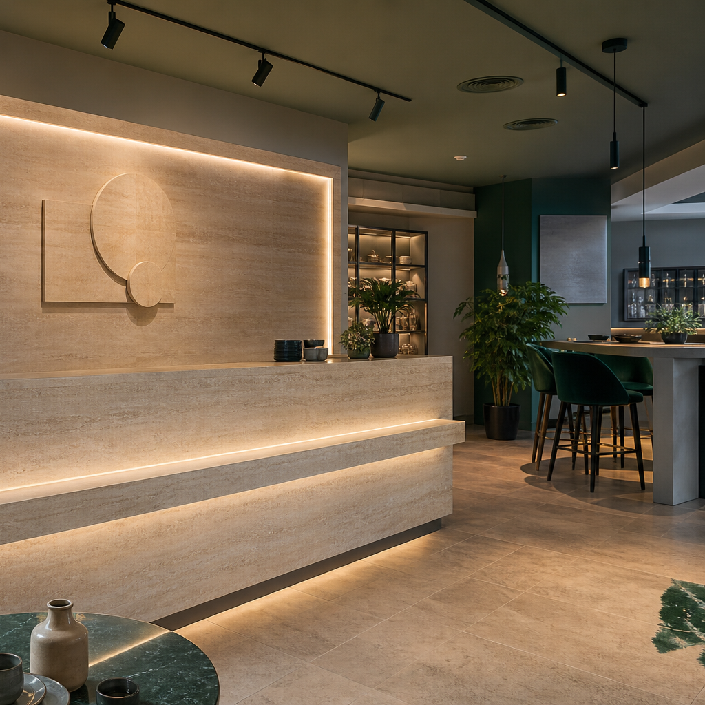 Parete reception con fondale brand Travertino HPL 3