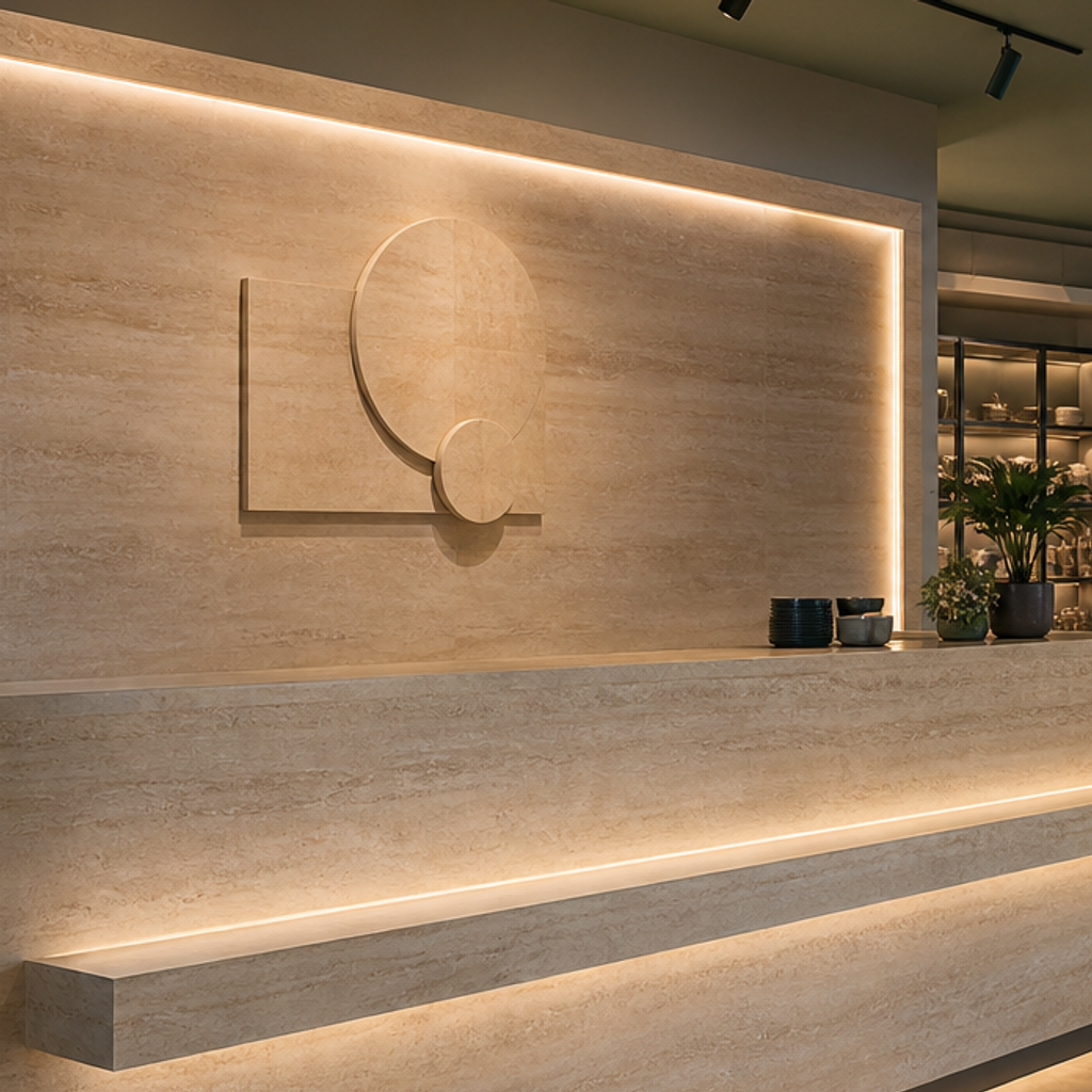 Parete reception con fondale brand Travertino HPL 4
