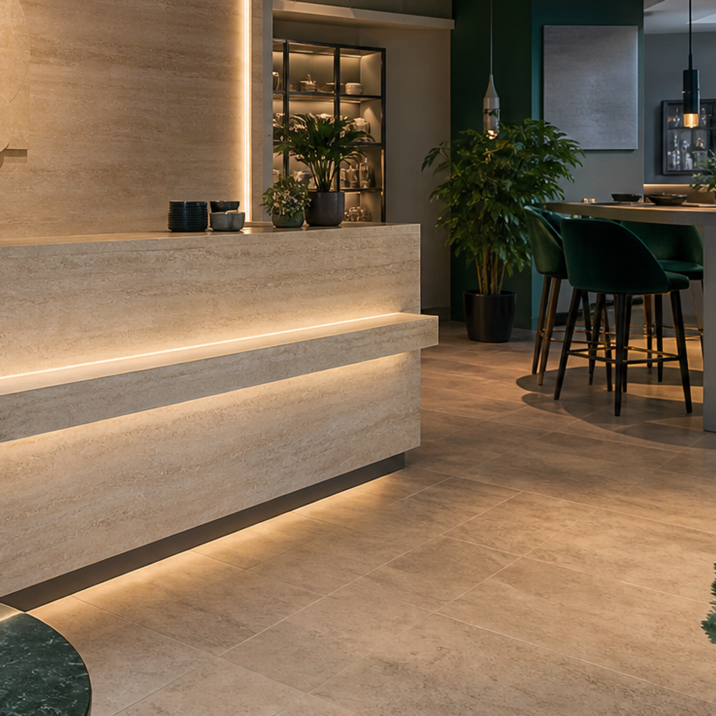 Parete reception con fondale brand Travertino HPL 5