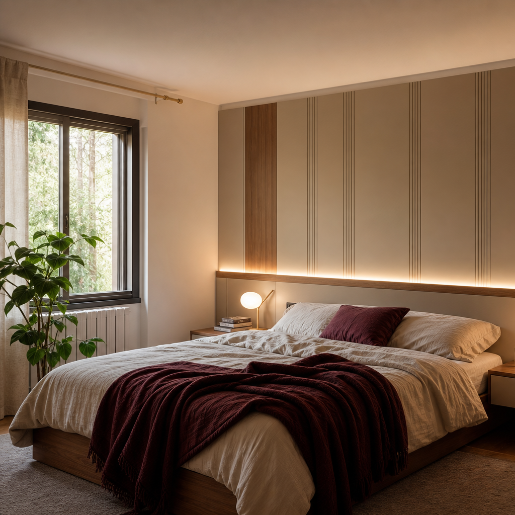 Parete testiera letto con LED Canapa Noce 2
