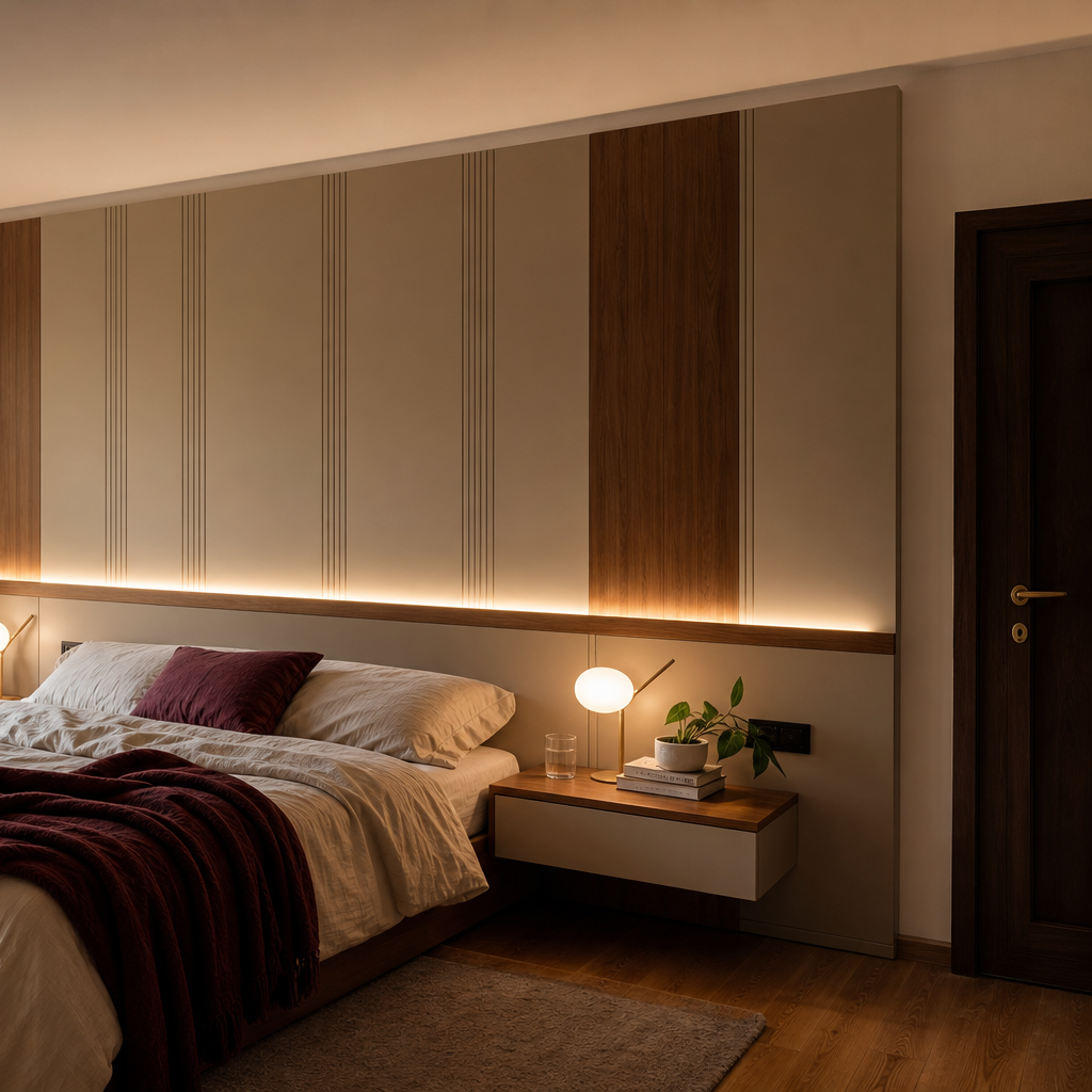 Parete testiera letto con LED Canapa Noce 3