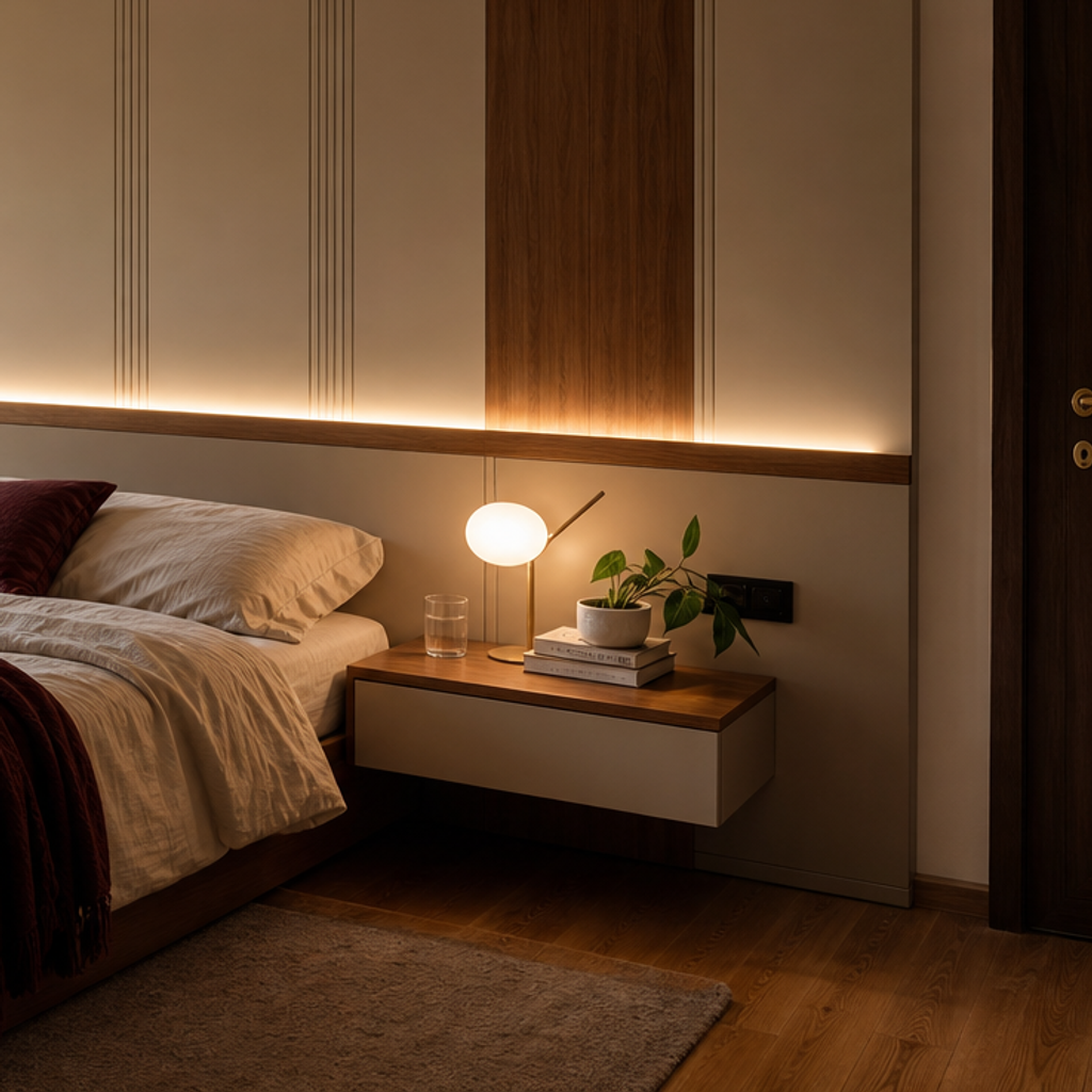 Parete testiera letto con LED Canapa Noce 5