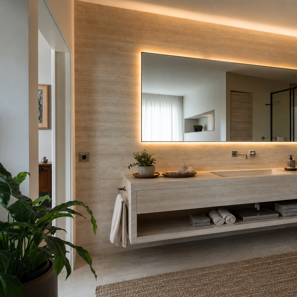 Parete lavabo con specchio LED Travertino LED 2