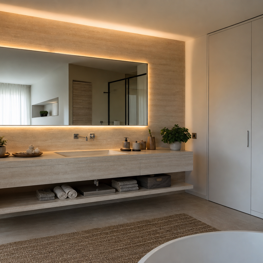 Parete lavabo con specchio LED Travertino LED 3
