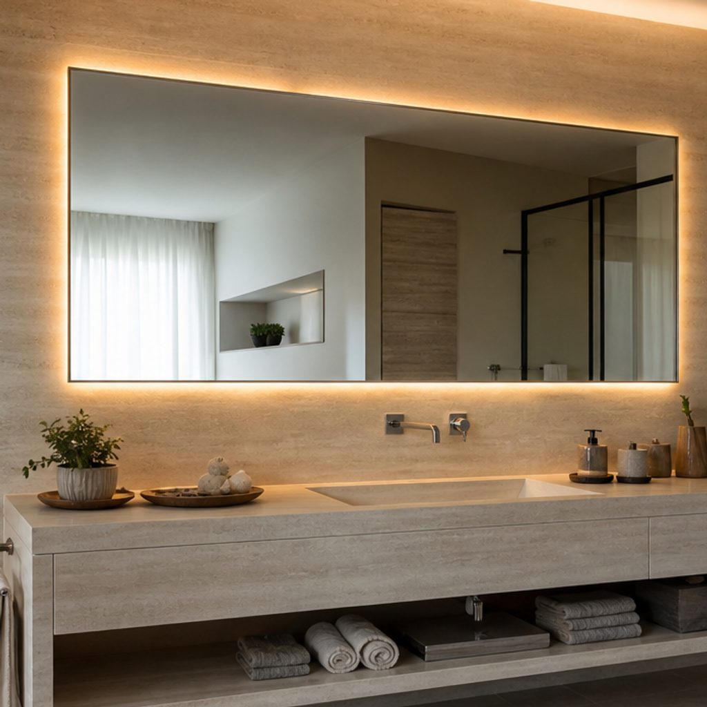 Parete lavabo con specchio LED Travertino LED 4