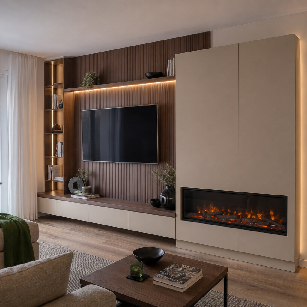 Parete TV con camino elettrico Noce Canapa 1