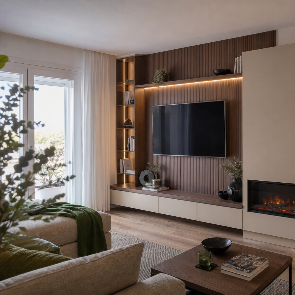Parete TV con camino elettrico Noce Canapa 2