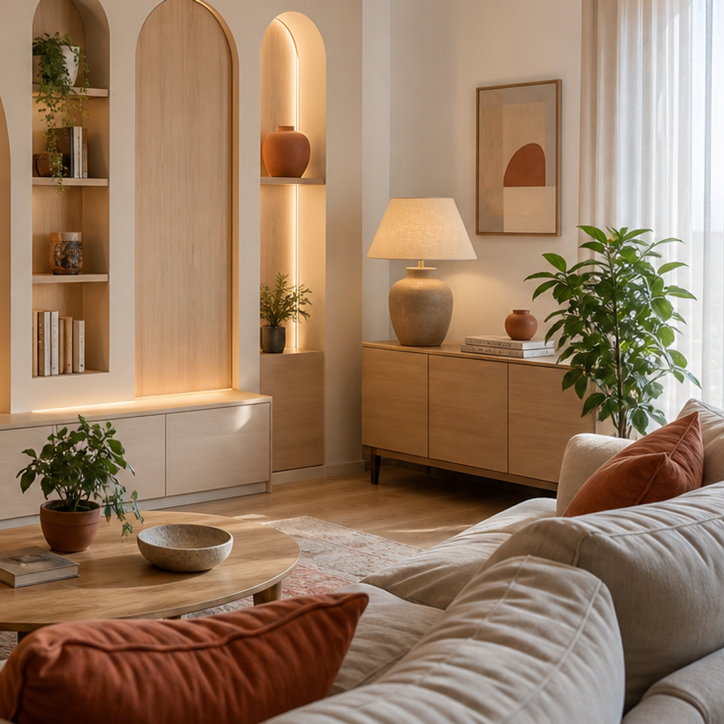 Parete soggiorno con archi moderni Rovere Sabbia 5