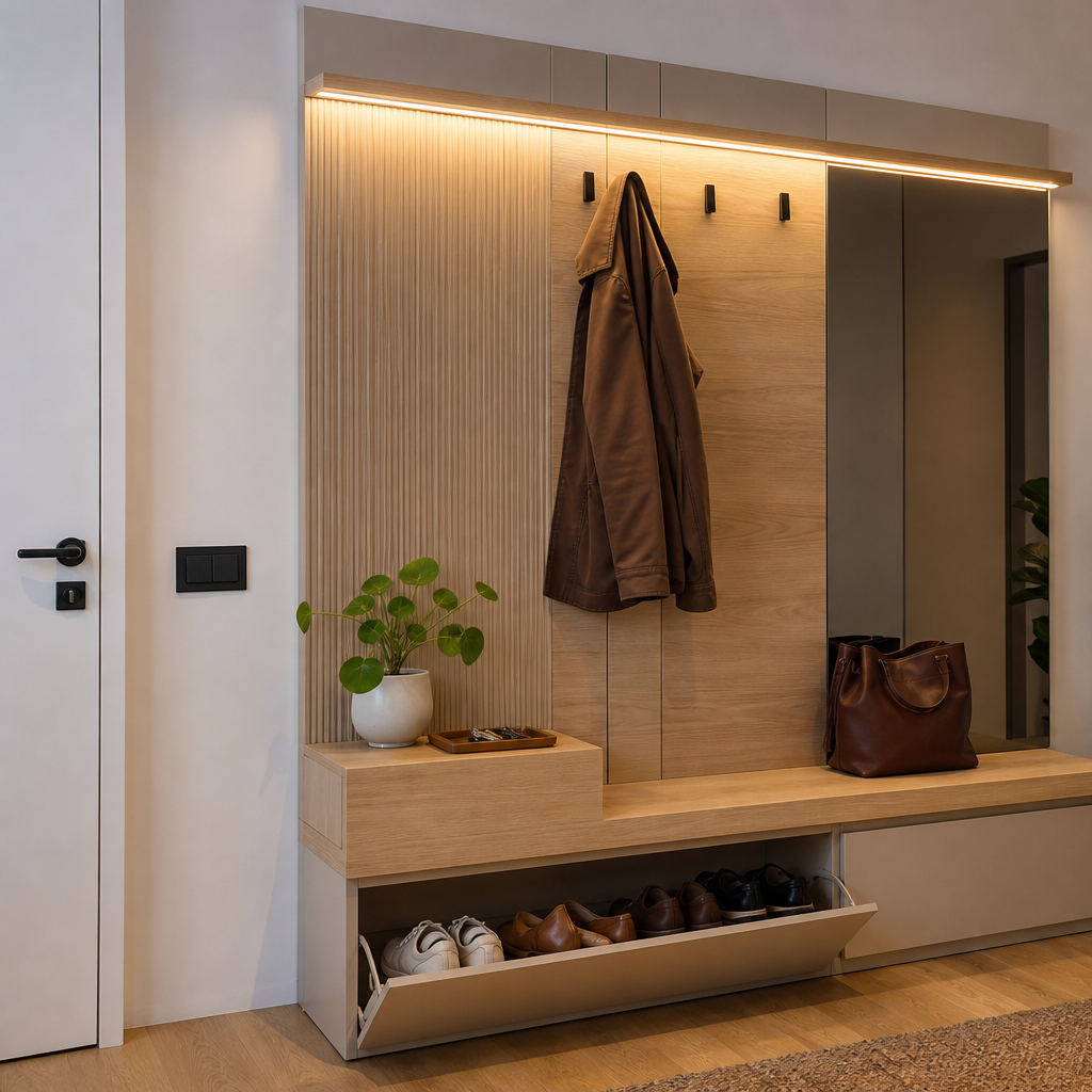 Parete ingresso con panca Rovere Specchio 2