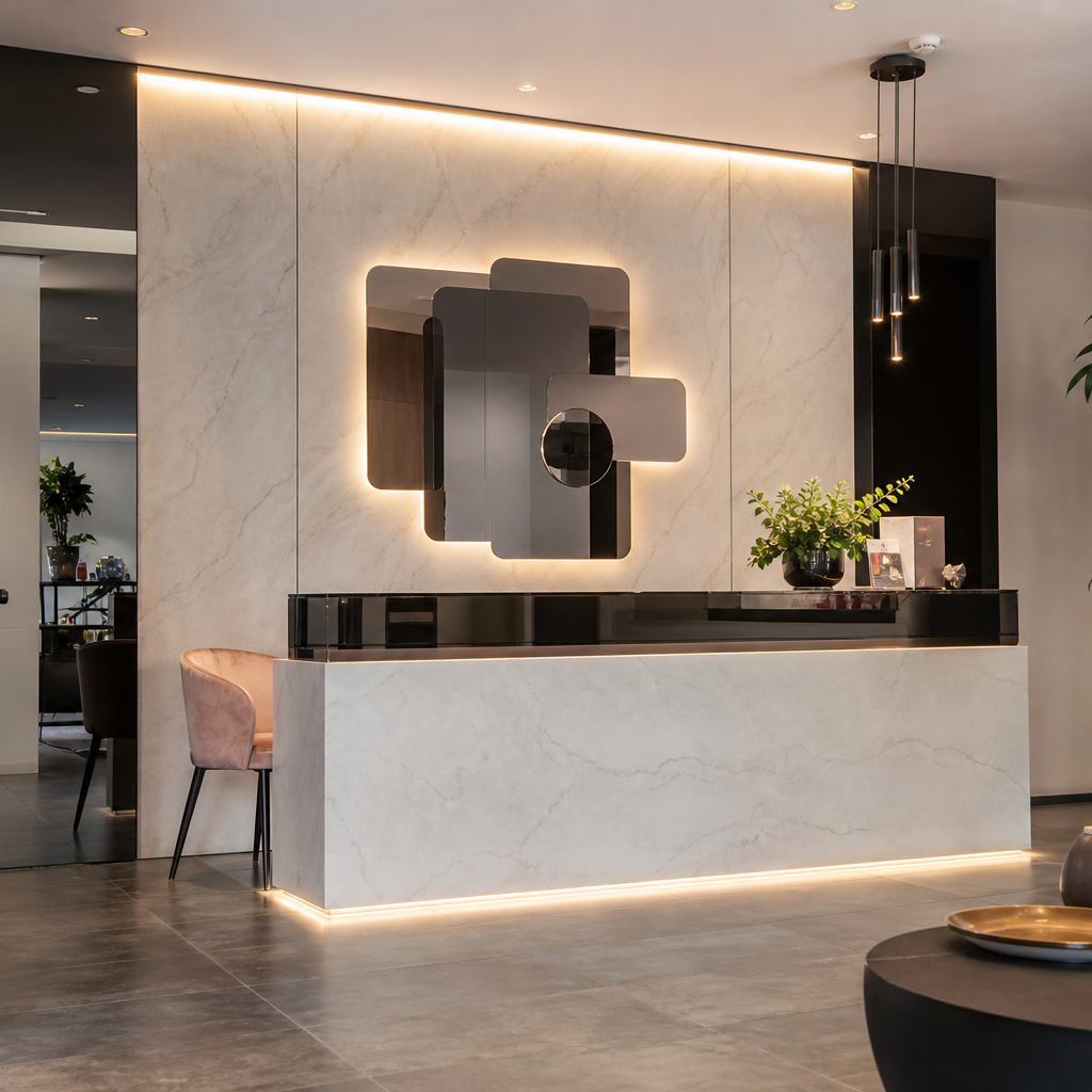 Parete reception con fondale brand Marmo Specchio 1