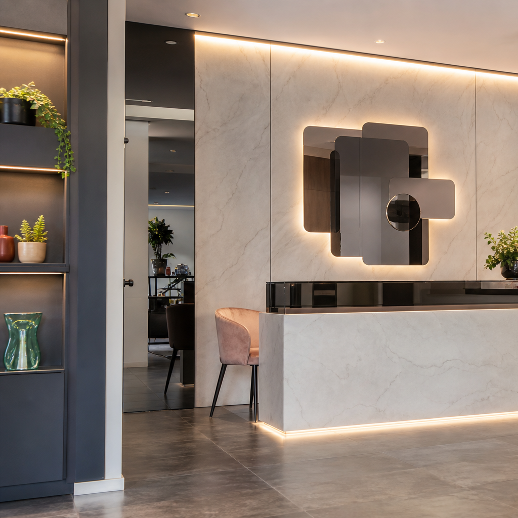 Parete reception con fondale brand Marmo Specchio 2