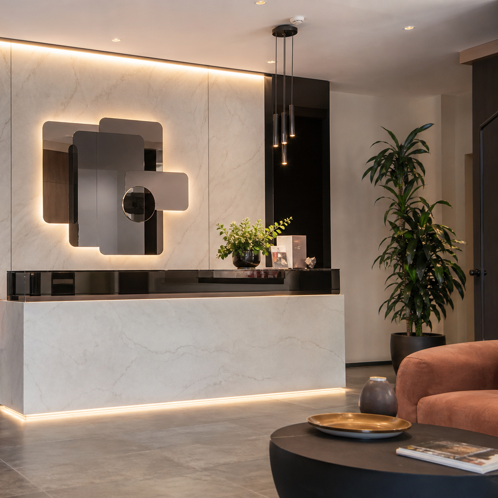 Parete reception con fondale brand Marmo Specchio 3
