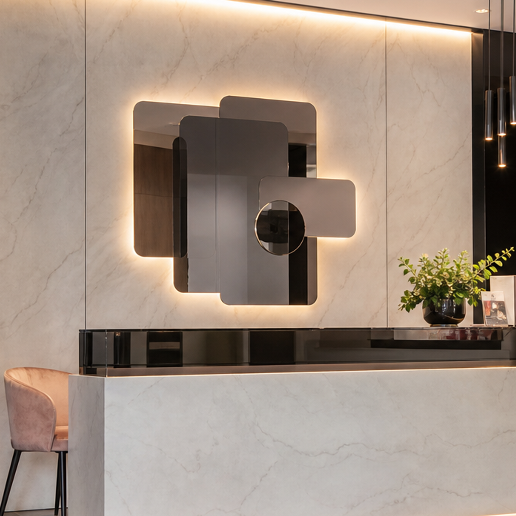 Parete reception con fondale brand Marmo Specchio 4