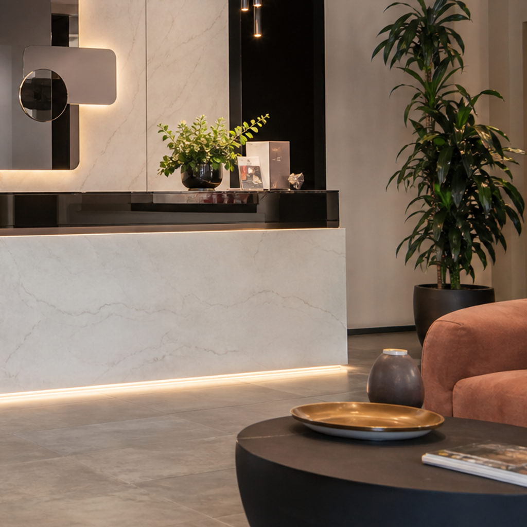 Parete reception con fondale brand Marmo Specchio 5
