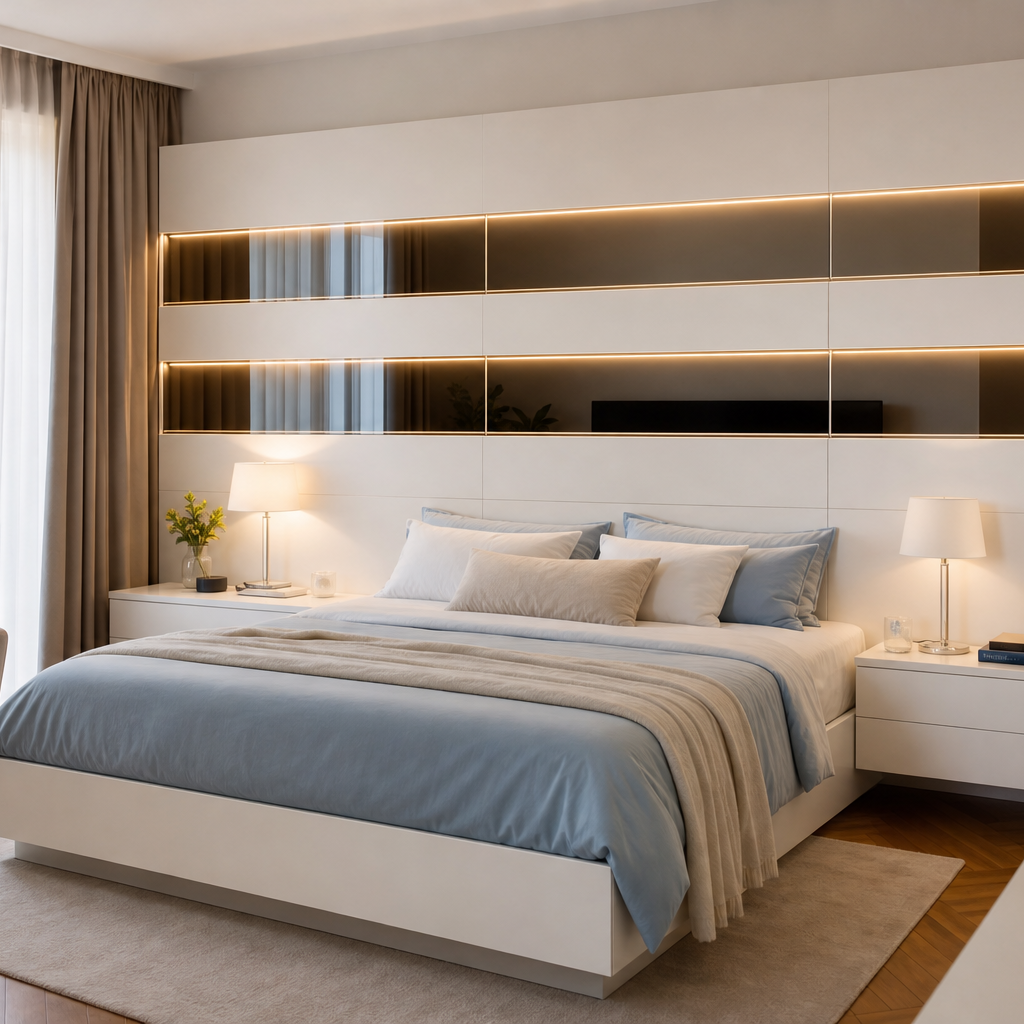 Parete testiera letto con LED Bianco Specchio 1