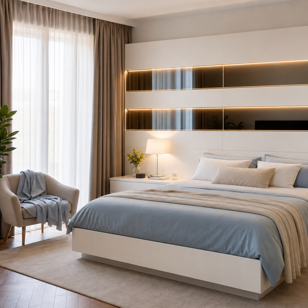Parete testiera letto con LED Bianco Specchio 2