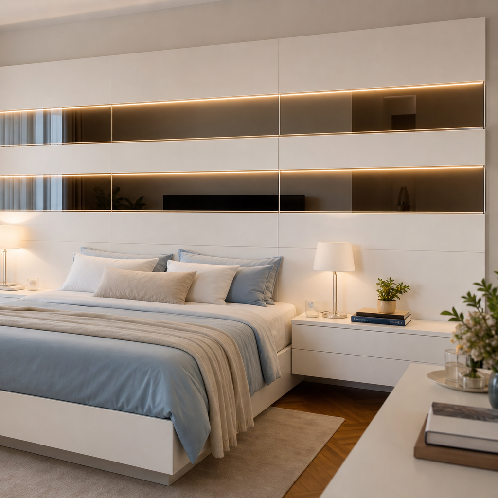 Parete testiera letto con LED Bianco Specchio 3