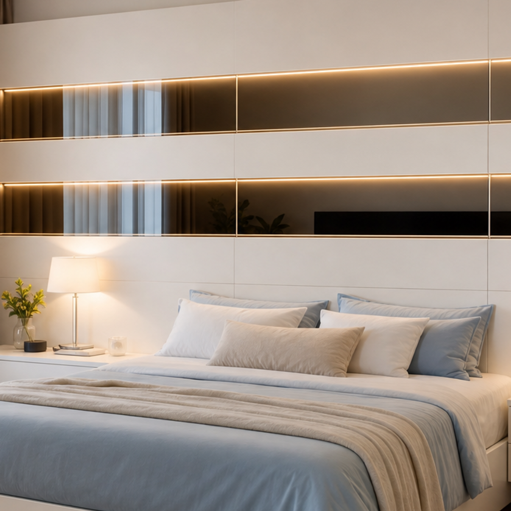 Parete testiera letto con LED Bianco Specchio 4